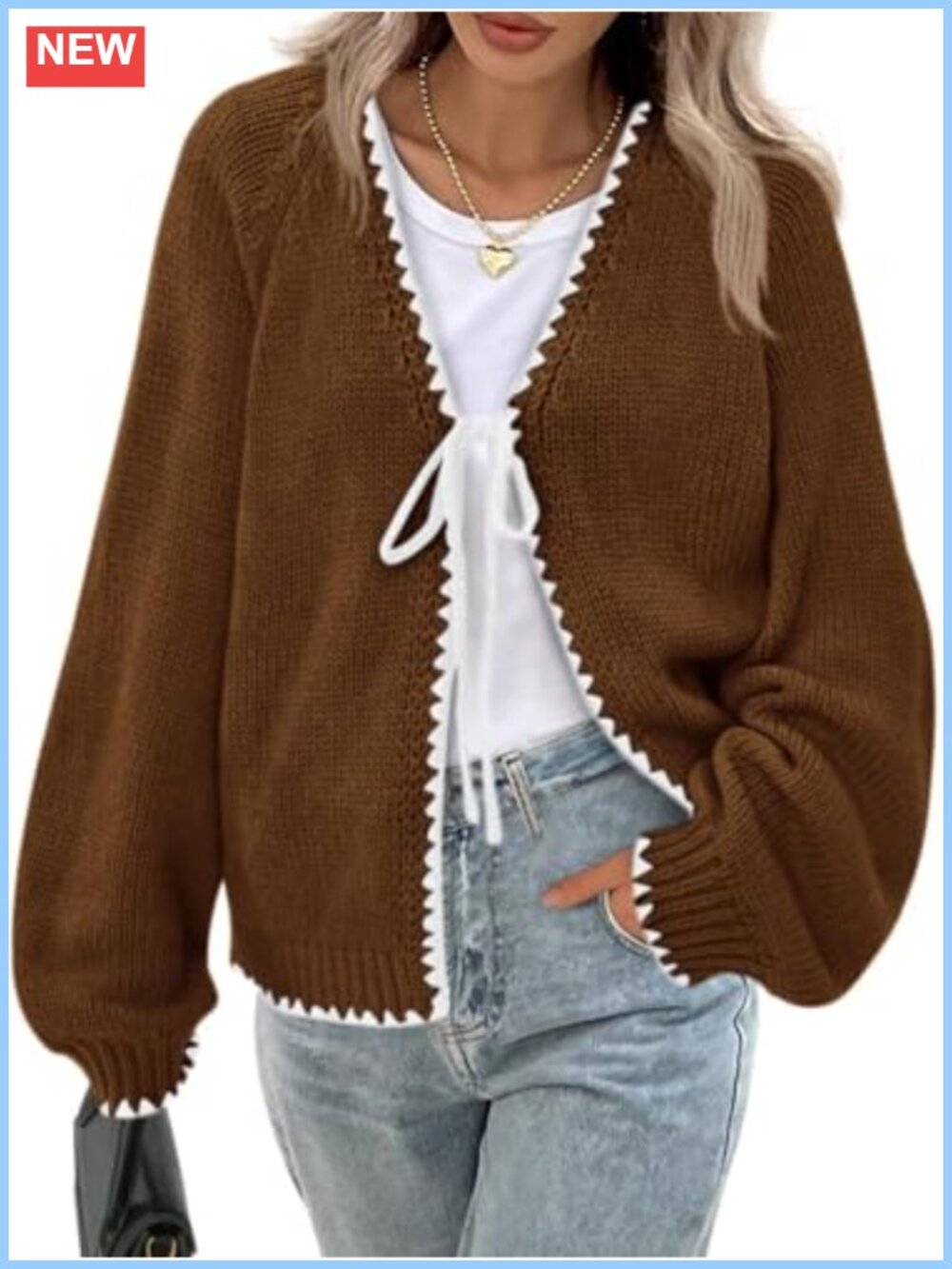 Puff Sleeve Front Tie Cardigan Sweater Women Relaxed Cable Knit Fall
